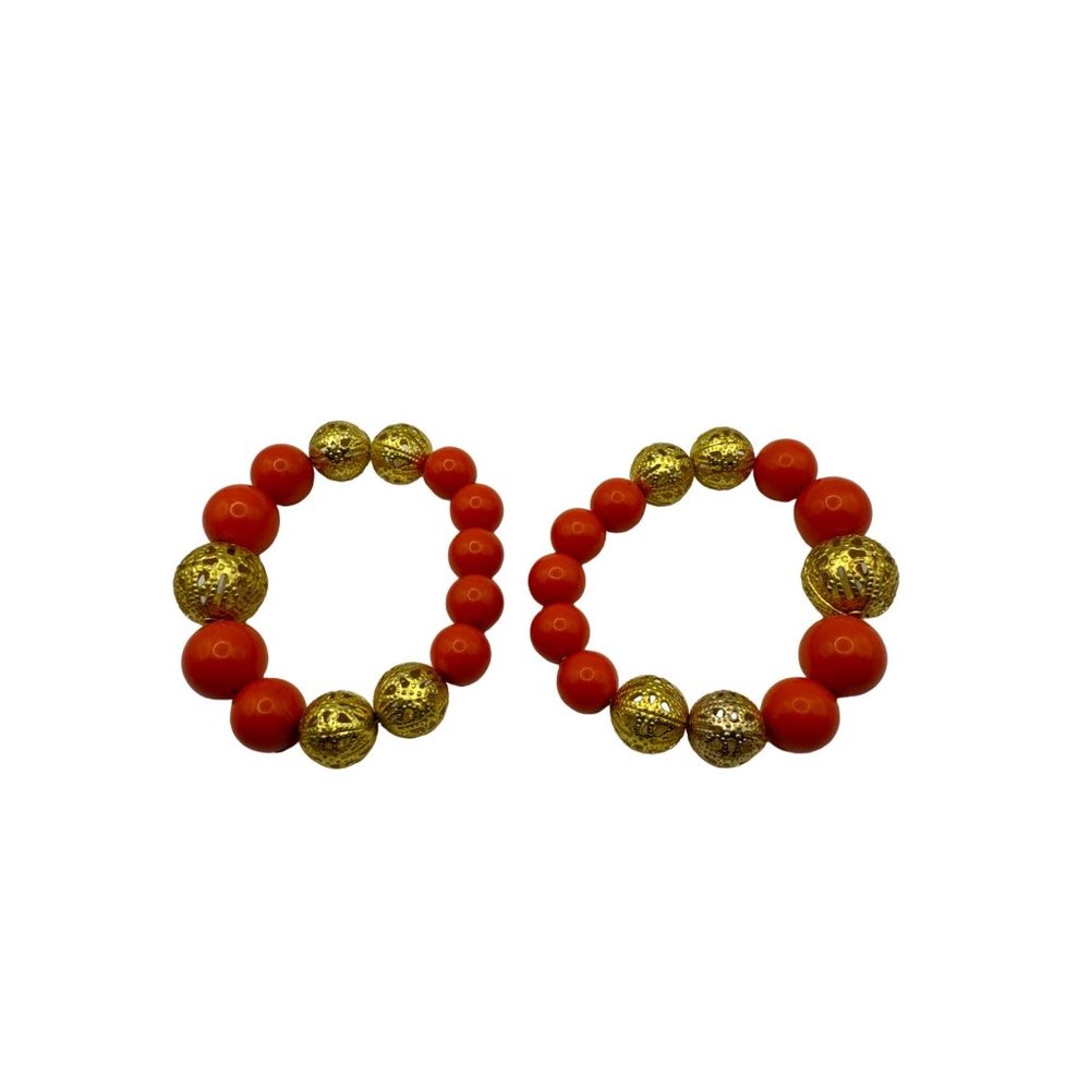 Set of 2 Orange and Gold-tone Beaded Stretch Bracelets